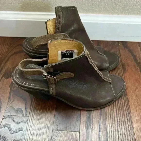 Frye Izzy Artisan Peep Toe Mule Booties Wm Sz 9 B Brown Leather Slingback Sandal - Picture 13 of 16